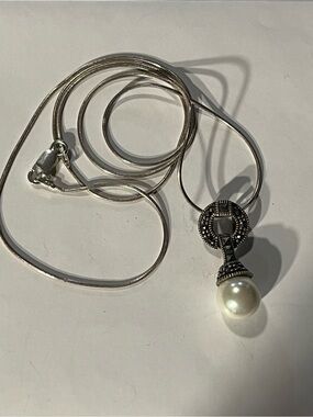 Sterling Silver Pearl Drop Pendant Necklace - White Pearl with Marcasite. 22”